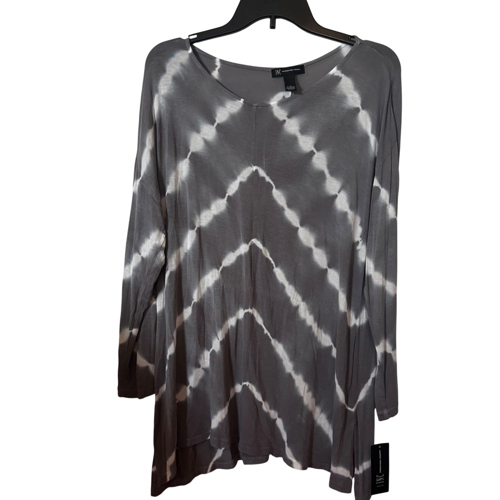 INC International Concepts Women's Tunic Top Large NWT Gray Tie Dye Long Sleeve